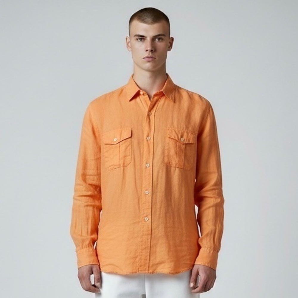 Polo Ralph Lauren Shirt Mens XXL Orange 100% Linen Button Up Long Sleeve Pockets